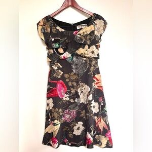 jane story vintage dress cap sleeves pattern printed birds silk